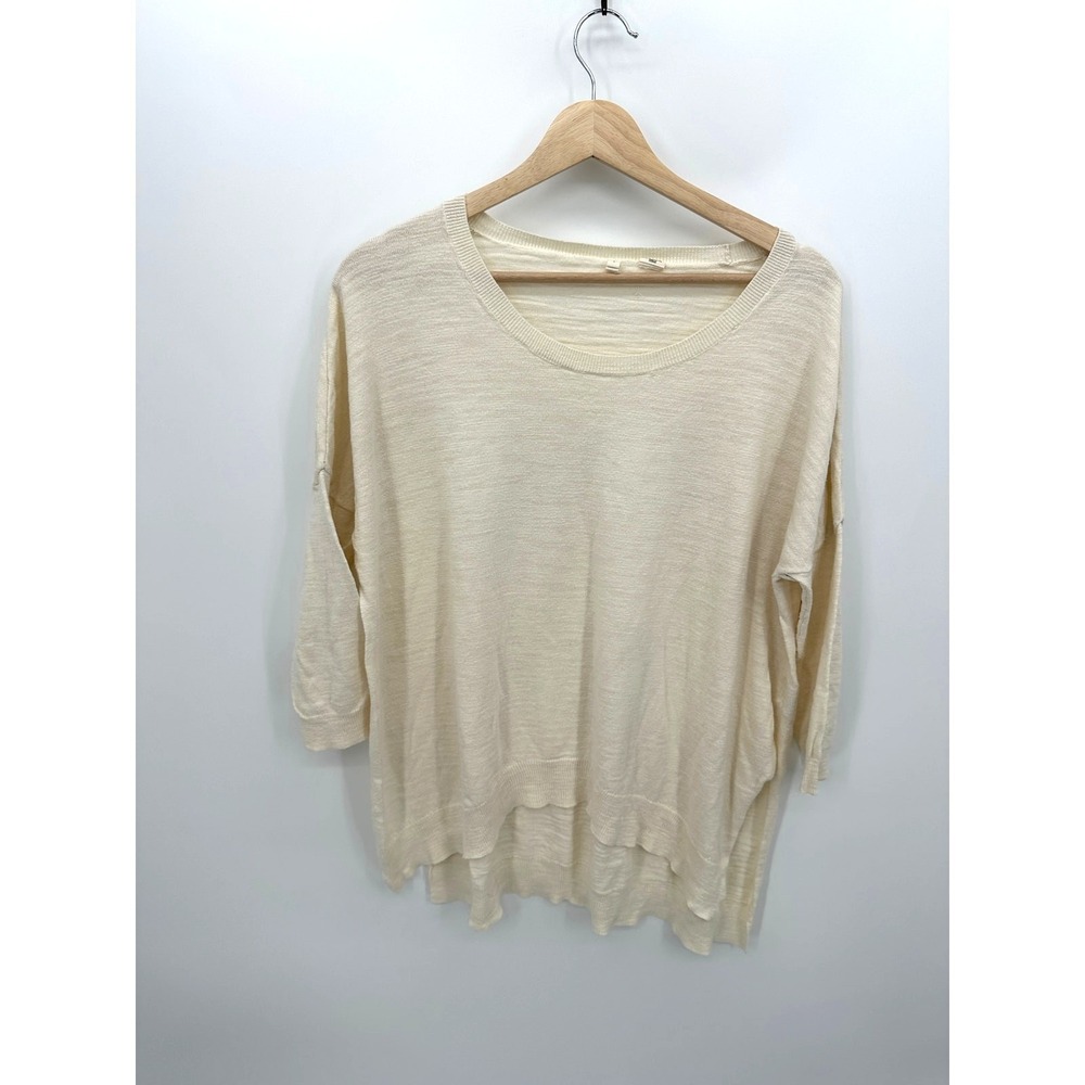 Moth Anthropologie Tunic‎ Sweater Women Medium Cream 3/4 Sleeve Cotton Side Slit